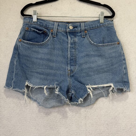Levis Denim Shorts Womens 31 Blue High Rise Button Fly Cutoff Raw Hem Distressed - Picture 1 of 10